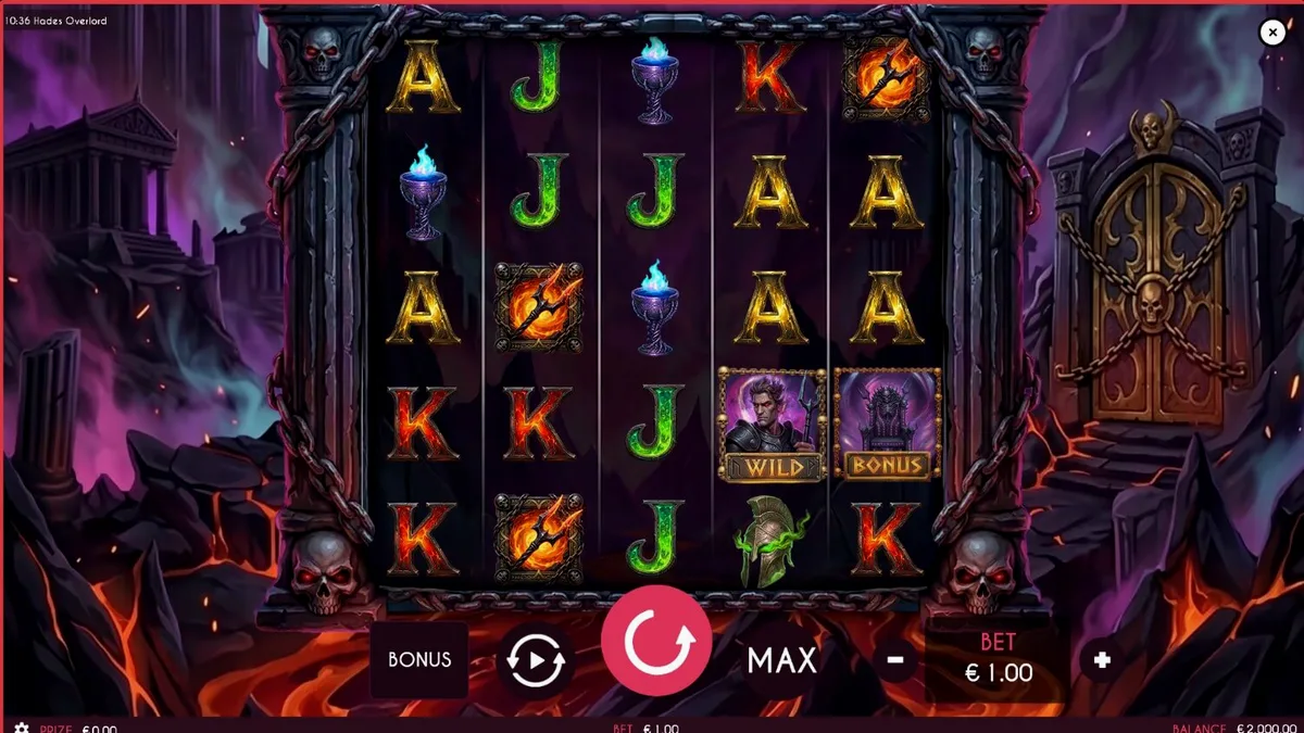 Tampilan visual slot Hades Overlord dengan tema mitologi Yunani dan api neraka