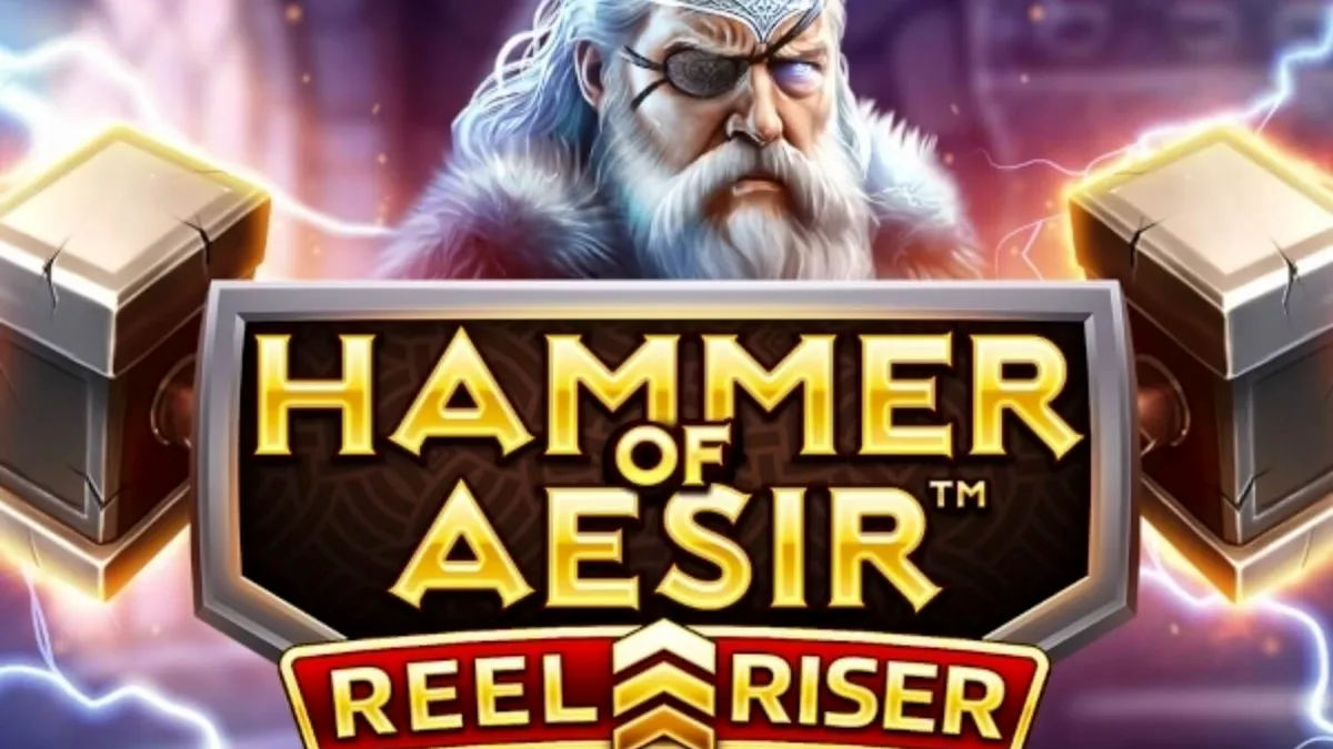 Pemandangan atmosferik slot Hammer of Aesir dengan elemen mitologi Nordik